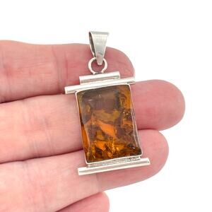 Vintage Mexican Amber Sterling Silver 925 Modernist Rectangle Pendant